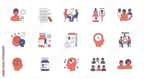 Mental health support and treatment icons in flat design style