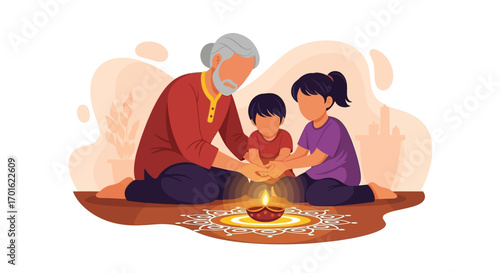 Grandfather and grandchildren celebrating Diwali festival with diya.