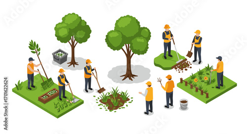 Workers engaged in community gardening and tree planting activities in isometric style
