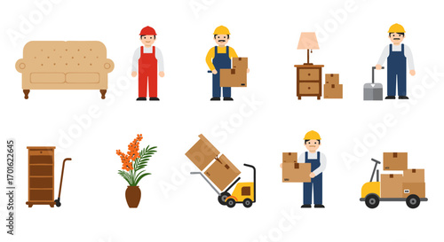 Flat design moving and delivery icons featuring workers and furniture elements