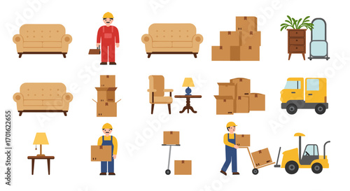 Moving and delivery service icons featuring workers, boxes, and furniture elements