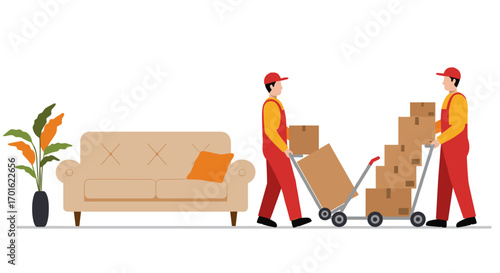 Delivery workers moving boxes into a modern living room