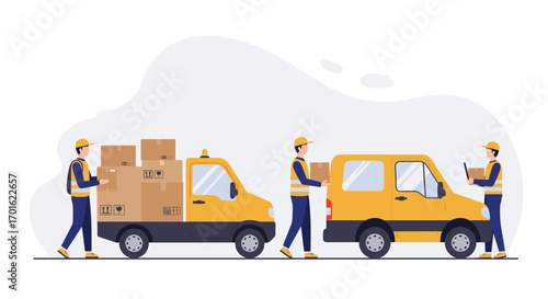Delivery team with boxes and vans in minimalist design