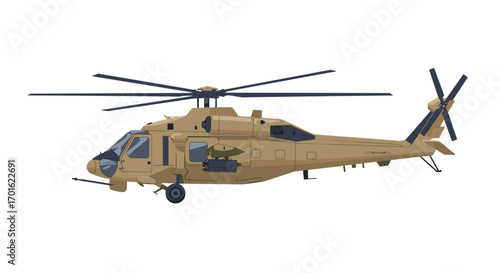 Flat style military helicopter side view with camouflage design