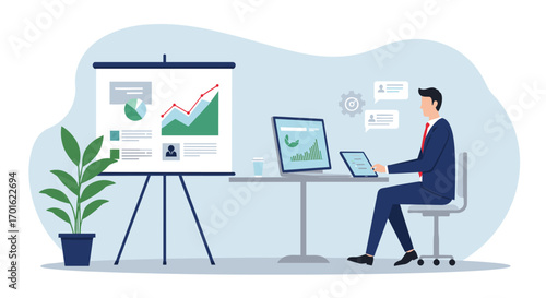 Business professional analyzing data on computer and presentation board