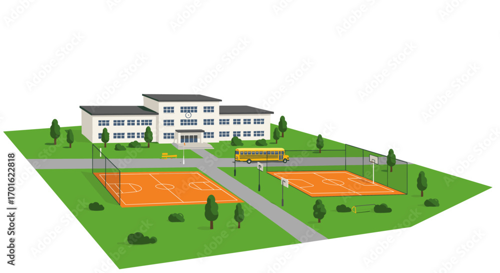 Fototapeta premium Modern school campus with basketball courts and school bus in 3d isometric style