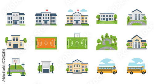 Educational campus icons set with sports fields and school buses