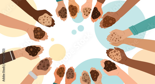 Diverse hands holding soil symbolizing environmental stewardship and unity.
