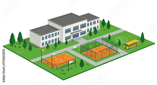 Modern isometric schoolyard with basketball courts and playground