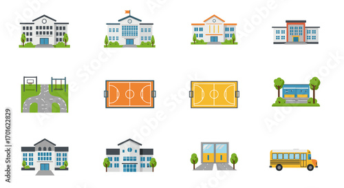 Collection of colorful school buildings and sports facilities
