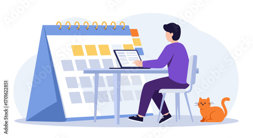 Busy schedule planner with laptops and pets in modern flat design