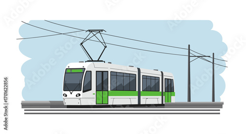 Modern urban tram on tracks with overhead wires