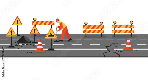 Roadwork scene with construction worker and safety signs on highway