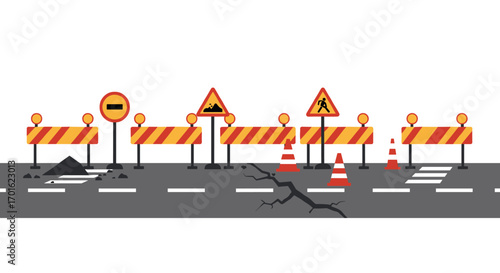 Urban road construction: traffic barriers and warning signs on cracked asphalt