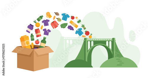 Donation box with clothes and bottles flying towards recycling center.