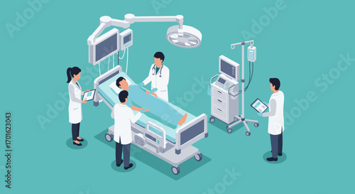 Medical team and patient in modern hospital environment with advanced equipment