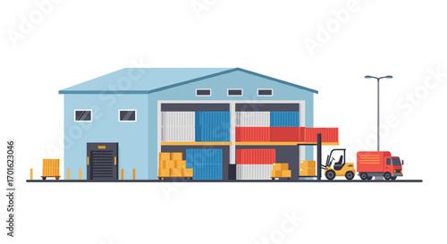 Modern warehouse with shipping containers and vehicles in a flat design