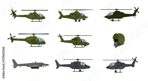 Set of military helicopters and helmet in flat style