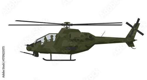 Military helicopter silhouette in camouflage green on white background