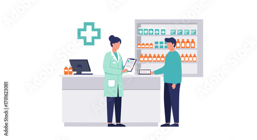 Pharmacist assisting a customer in a modern pharmacy setting