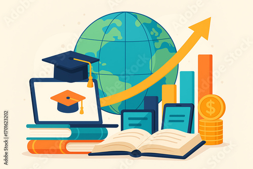 Conceptual illustration of global education investment showing economic growth, e-learning, and financial success