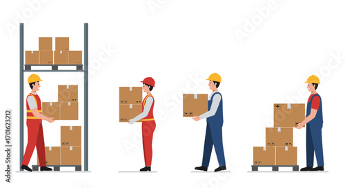 Warehouse workers organizing cardboard boxes on shelves in industrial setting
