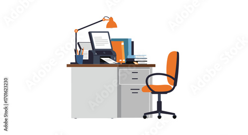 Modern office desk setup with chair, computer, and organized supplies