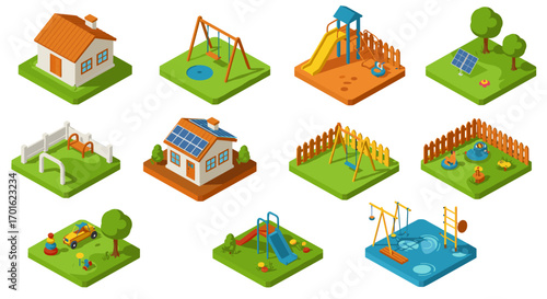 Isometric playground and eco homes with solar panels