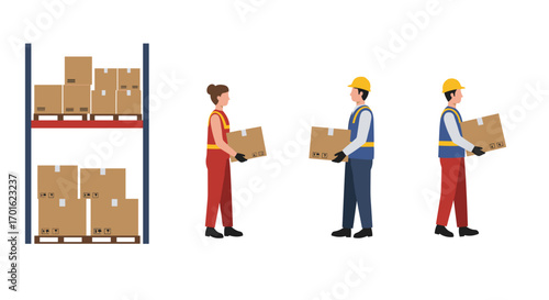 Warehouse workers handling boxes and organizing inventory on shelves