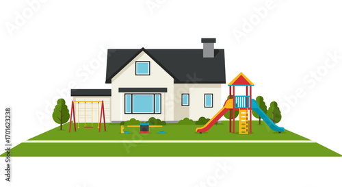 Modern family home with playground in flat design