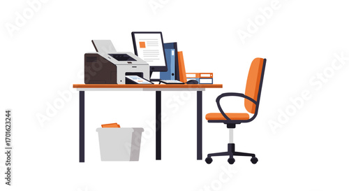 Modern office workspace with orange chair and desk accessories in flat design