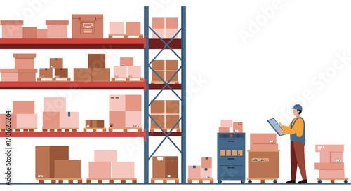 Warehouse logistics with worker, boxes, and robot in modern flat design