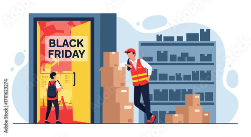 Black Friday Sale Event in Warehouse with Delivery Workers and Packages.
