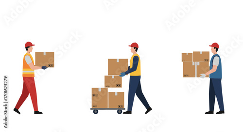 Warehouse workers transporting boxes in minimalist design on white background