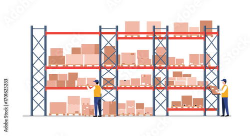 Warehouse storage shelving with workers organizing boxes in flat design