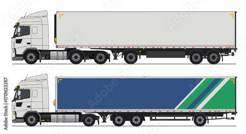 Modern truck design: two stylish semi trailers with distinctive graphics in flat style