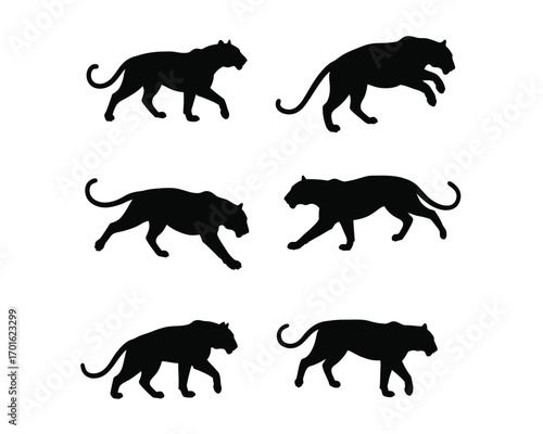 Collection of six distinct black panther silhouettes in various dynamic poses showcasing their powerful feline grace and agility