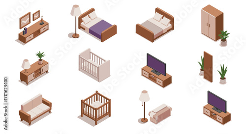 Cozy isometric furniture collection with beds, cribs, and more for home interiors