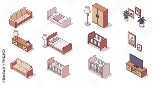 Isometric furniture set featuring beds, sofas, and decor elements for home interiors