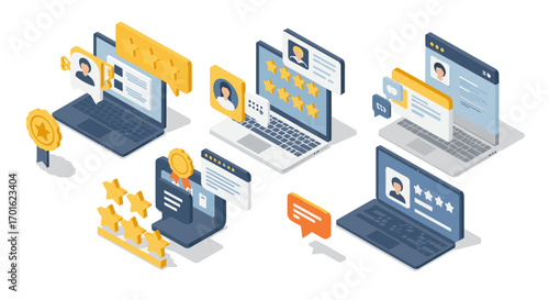 Isometric laptop interfaces showcasing reviews and ratings in digital feedback scenes