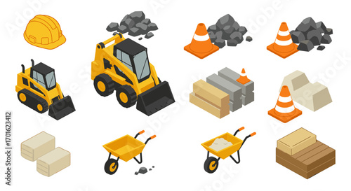 Construction equipment and materials isometric set with bulldozer, helmet, and more