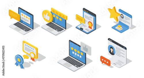 Isometric icons of online reviews and feedback with laptops and mobile devices