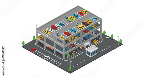 Isometric multi-level parking garage with cars and entrance booth