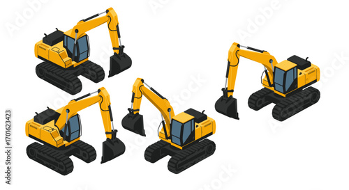 Isometric yellow excavators: construction machinery in 3d design