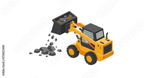 Isometric skid steer loader with rocks on white background