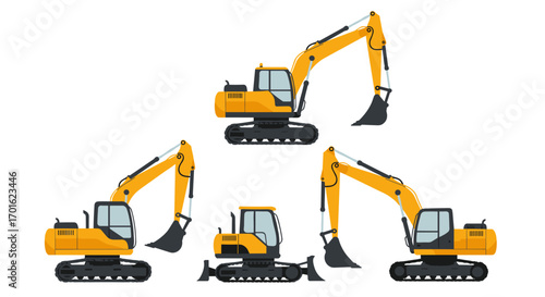 Set of construction excavators in different angles and positions