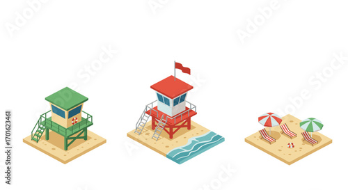 Isometric lifeguard towers and beach umbrellas on sandy shoreline