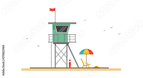 Lifeguard tower with colorful parasol on beachfront in minimalist design