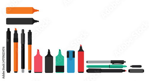 Colorful office markers and pens on white background in flat design