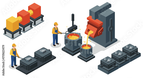 Isometric metal casting process with workers and machinery in industrial setting
